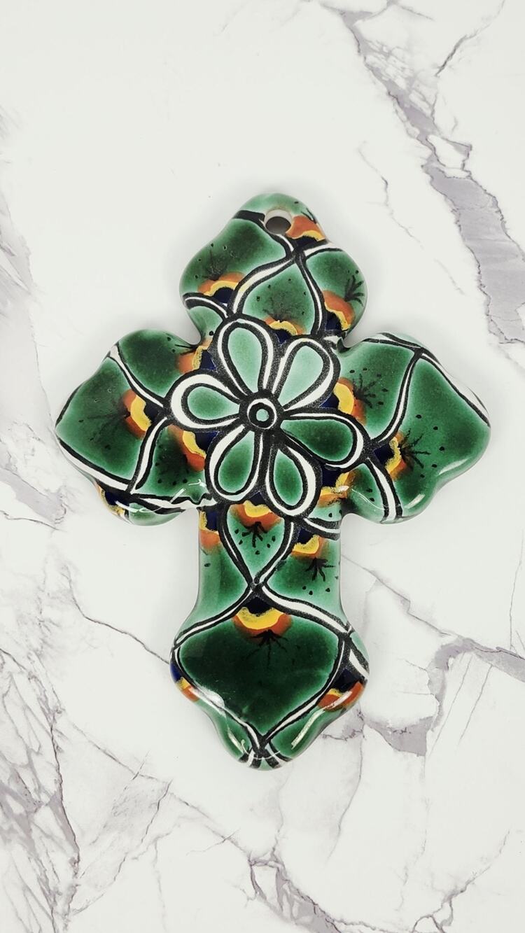 Vintage Mexican Talavera Pottery Wall Cross Hand Painted Green Ceramic Folk Art